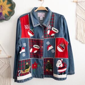 Tantrums Christmas Themed Denim Jean Shirt Jacket Size XL